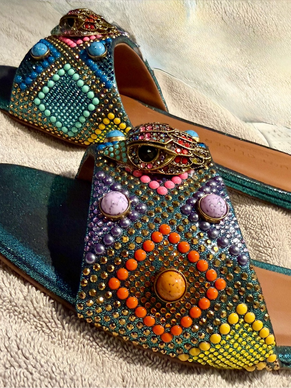 Kurt Geiger Teal Multicolor Jeweled Slide Sandals - Picture 3 of 5